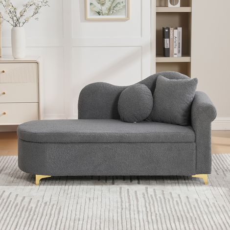 DESMIU Méridienne avec coffre de rangement et coussins, tissu aspect laine d'agneau Gris Antique 134 × 64 × 70 cm (1/5)