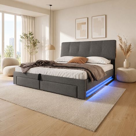 REDOM Cama tapizada 218x142x107 cm, con almacenaje hidráulico, USB y Tipo C, LED, lino gris (1/5)