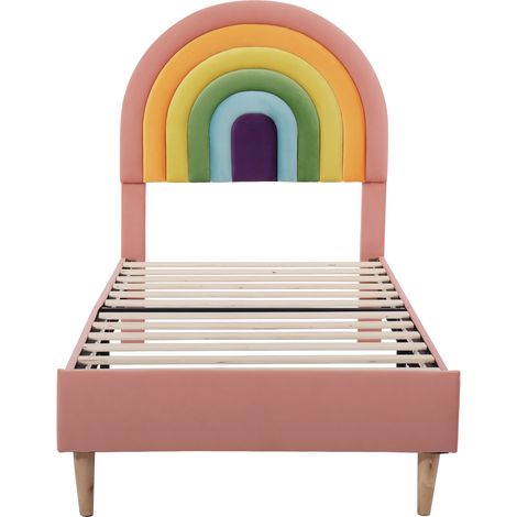 Letto imbottito 90 x 200 cm in velluto rosa con rete a doghe, testiera regolabile, HOMVRA (1/5)