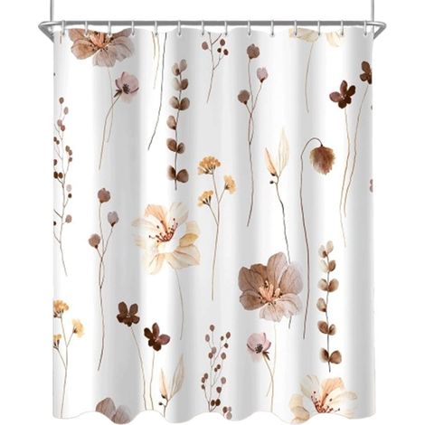 Rideau de douche anti-moisissures et antibactérien pour salle de bain, motif fleurs marron, lavable, avec 12 anneaux, idéal pour salle de bain et baignoire, 180 x 200 cm, marron. (1/5)