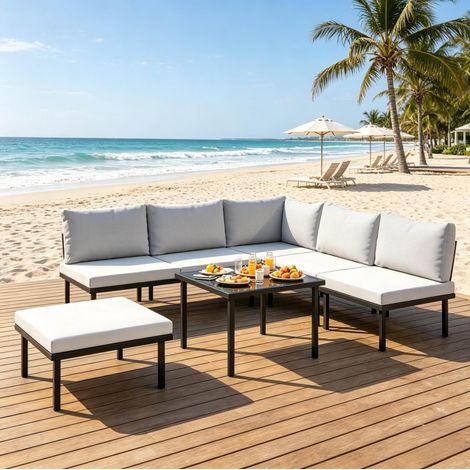 Modulares 6-teiliges Gartenmöbel-Set mit Couchtisch, Kissen, Hellgrau/Schwarz HAVRYA (1/5)