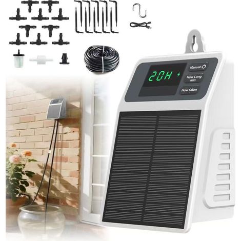 Système d'arrosage intelligent à minuterie, kit d'irrigation goutte à goutte automatique à énergie solaire, adapté à 10 plantes en pot. (1/5)