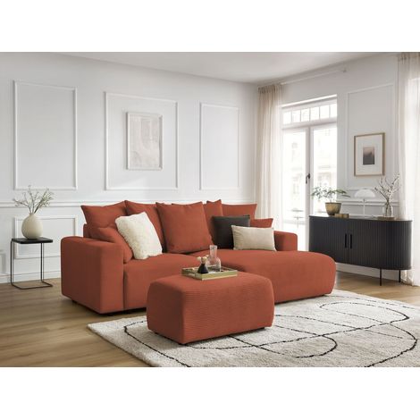 BOBOCHIC - Canapé d'angle convertible coffre ATILLA velours côtelé avec pouf Angle droit  Orange (1/5)