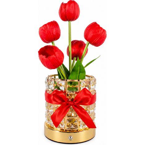 Lampe pot cylindrique en cristal 5 tulipes rouges, variation 3 couleurs, interrupteur tactile, rechargeable USB, 765 g – Livraison gratuite (1/4)
