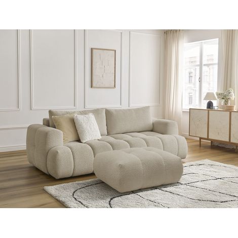 BOBOCHIC - Canapé droit convertible 3 places FUJI tissu bouclette avec pouf   Beige (1/5)