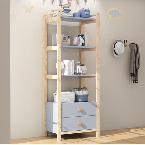 meuble rangement etagere 2 tiroirs 70x45x180 bleu bois OKMYHOME (1/5)