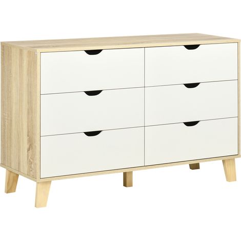 Wide 6-Drawer Chest of Drawers for Bedroom or Living Room, Stylish Storage Unit with Wood Legs in White and Light Brown