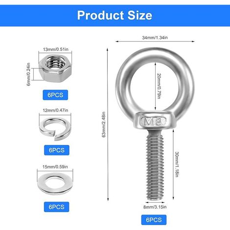 Lot de 6 boulons à œil M8 ronds en acier inoxydable M8 × 30 mm Boulon à œil avec écrous, rondelles, vis à œillet pour rouleau de fixation, suspension (1/4)