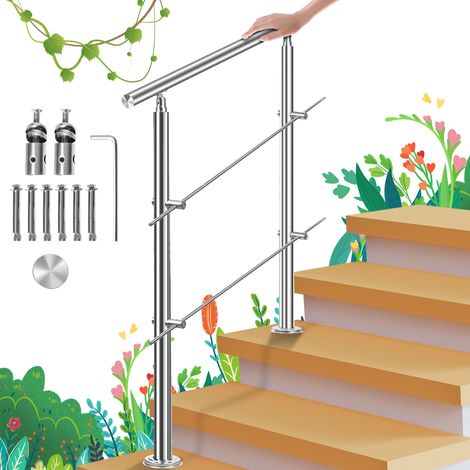 Rampe d'escalier acier inoxydable main courante balustrade Garde-corps argenté 80 cm 2 crossbars