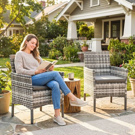 Ensemble 2 fauteuils jardin en rotin poly 2 fauteuils amovibles Cadre en acier - Couleur: Gris