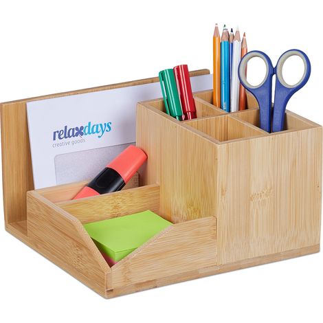 Relaxdays Desk Organiser, 7 Compartments, Pen & Document Holder, Utensil Box, HxWxD: 11 x 21 x 19 cm, Bamboo, Natural (1/5)