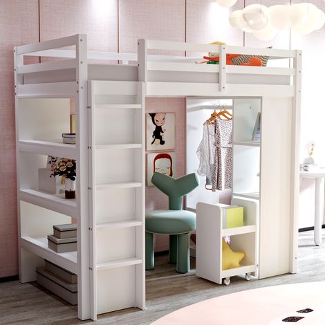 Cama alta de madera blanca 90x200 cm con estantes, perchero, carro organizador extraíble y somier de láminas