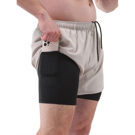 Sportshorts für Herren mit integriertem Slip, 2-in-1-Taschen, schnelltrocknend, beige, ideal zum Laufen und Radfahren. (1/5)