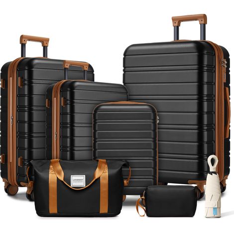 Lot de 6 valises avec sacs de voyage, valises rigides extensibles à roulettes pivotantes, noir (1/5)
