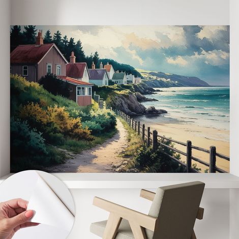 Tapete adhésive moderne pour salon et chambre à coucher Décoration rapide avec colle Maisons sur la falaise 104x70 cm (1/5)