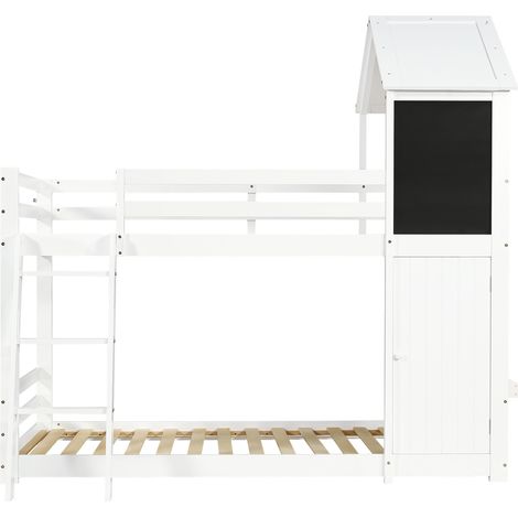 Cama alta infantil blanca 90 x 200 cm con puerta, pizarra, ventanas y techo HOMVRA (1/5)