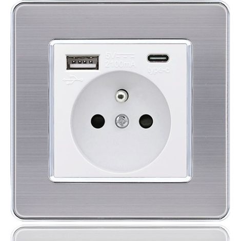 16-A-Steckdosenleiste mit USB- und Typ-C-Anschlüssen – 2 Steckdosen + 1 USB-Anschluss + 1 Typ-C-Anschluss – Edelstahl – Schnellinstallation – Europäischer Standard (1/4)