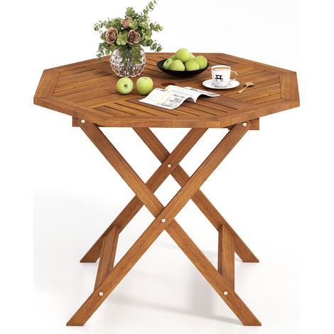 Table de Jardin Octogonale en Bois Massif, Table Exterieur Ø 90CM en Cadre X avec Trou pour Parapluie et Plateau à Lattes Spacieux, pour Balcon (1/5)