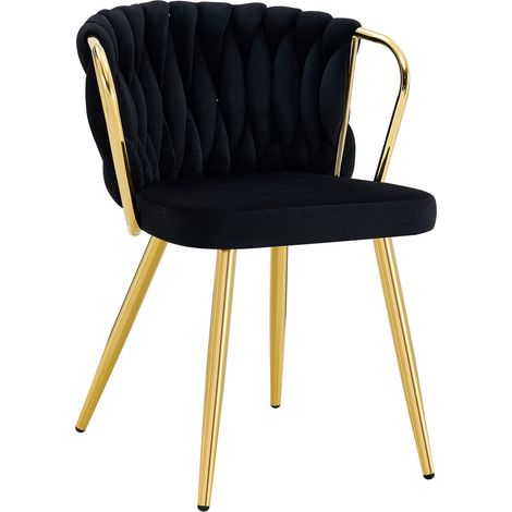 Silla de comedor de terciopelo negro con respaldo trenzado y patas metálicas doradas HOMVRA (1/5)