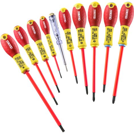 Expert – Jeu de 10 tournevis isolés 1000V VDE – Plat, Pozidriv, Phillips – Pour vis à fente et testeur 100/500V – Norme EN 60900