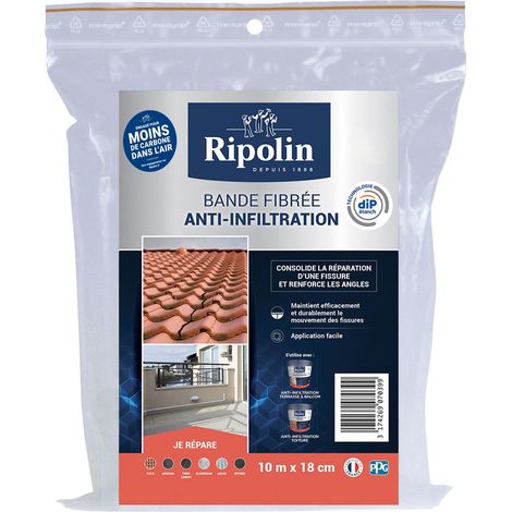 Ripolin – Bande d'étanchéité fibrée anti-infiltration 10m x 18cm – Pour surfaces verticales et horizontales – Technologie DIP étanch – Séchage instantané