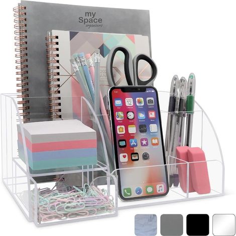 Organiseur de bureau en acrylique avec tiroir, 9 compartiments effet marbre, rangement tout-en-un pour fournitures de bureau et accessoires de bureau élégants, embellissez votre bureau (marbre blanc e (1/5)