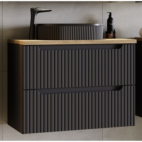 Waschtisch 60cm, in schwarz mit Eiche, gerillte Front, NEWPORT-56-BLACK (1/5)