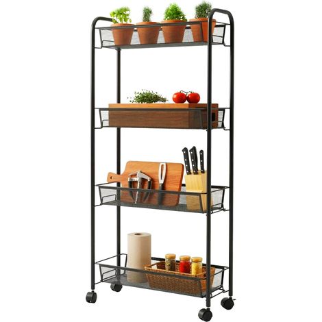 Relaxdays carrito 4 estantes, metal, 97,5 x 44 x 17 cm, 4 ruedas, cocina, baño, para rincones, negro