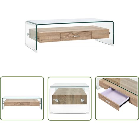 The Living Store Table basse Clair 98x45x31 cm Verre trempé - Table Basse Design Moderne - Table Basse Contemporaine - Table Basse Avec Rangement - Table Basse Verre Trempé - Meuble TV (1/5)