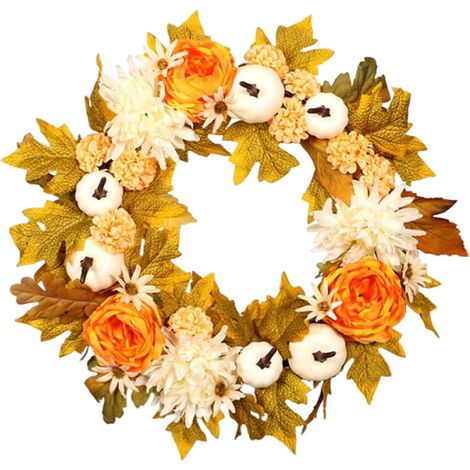 Couronne pour Porte d'Entrée Couronne Automnale 45 cm,Décoration Saisonnière Design Citrouilles Blanches et Feuilles d'Érable - pour (1/5)