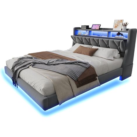 CHICFURN Cama tapizada 180x200 cm de terciopelo gris con cabecero abatible, enchufe, USB y Type-C, luces LED, almacenaje y diseño flotante moderno (1/5)