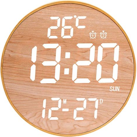Digitale LED-Wanduhr, Wecker, Helligkeitsregelung, Display, moderne Hängeuhr für Büro und Schlafzimmer, Holzoberfläche, weißes Licht
