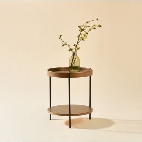 Tavolino da caffè rotondo 69x69x38 cm, design a 2 ripiani, legno massiccio e MDF, color noce (1/5)