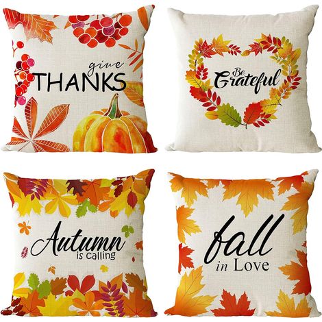 Fundas de cojín decorativas de otoño de 45 x 45 cm, con estampado de calabazas y hojas de arce, cojines decorativos para exteriores para otoño (4 piezas) (1/5)