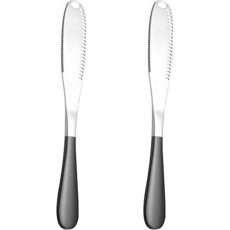 Couteau à beurre 2 pièces, couteau inox 3-en-1 multifonction, lame dentelée pour couper le beurre, tartiner et légumes, set de couverts de cuisine, noir (1/4)