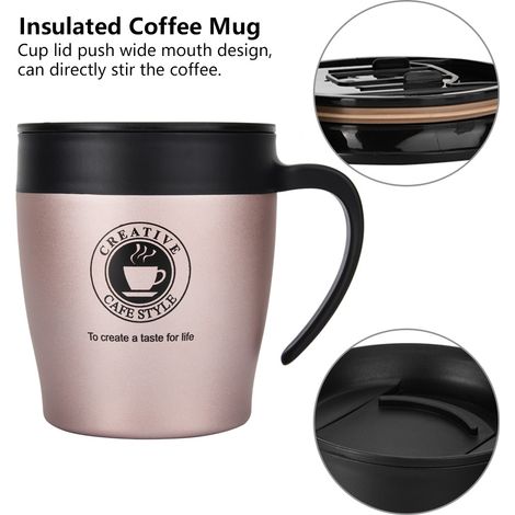Mug isotherme en acier inoxydable avec poignée, couvercle et cuillère pour mélanger idéal pour le bureau et les voyages. (1/5)