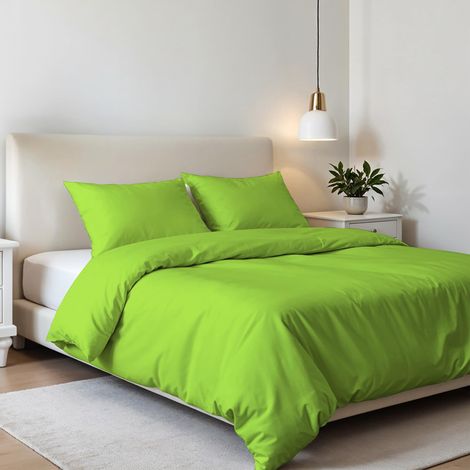 Parure de lit Double en Microfibre élégante, fabriquée en Italie, Housse de Couette - 250 x 200 cm avec Rabat et taies d'oreiller, Vert Pomme, lit Double (1/5)