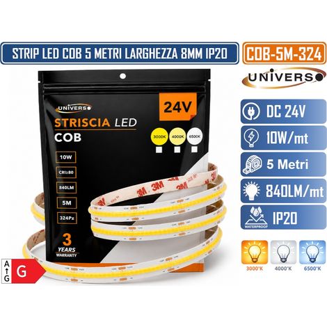 UNIVERSO COB-5M-324 STRISCIA LED COB 5M 24V 10W/MT 840LM/MT 324 LED/MT IP20 CRIâ‰¥80 TAGLIABILE OGNI 3,7CM LARGHEZZA 8MM DA INTERNO IP20 (1/4)