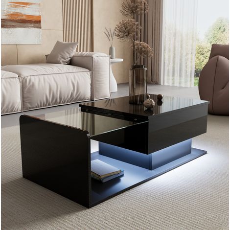 Mesa de centro negra brillante con cristal, LED y altura regulable (1/5)