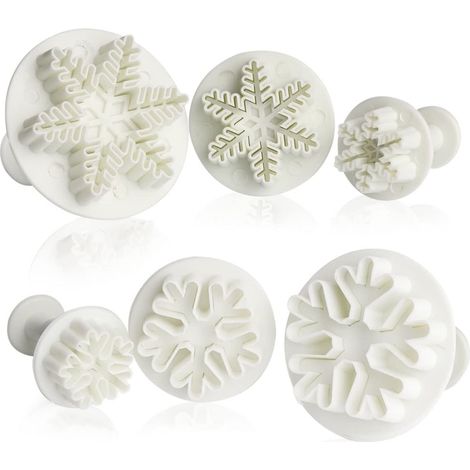 Ensemble de 6 emporte-pièces flocons de neige pour fondant, décoration de gâteaux, biscuits, chocolats et gelées, blanc. (1/5)