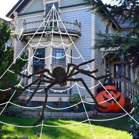 Toile d'araignée d'Halloween de 500 cm + araignée géante de 150 cm pour décorations d'Halloween intérieures et extérieures (1/5)