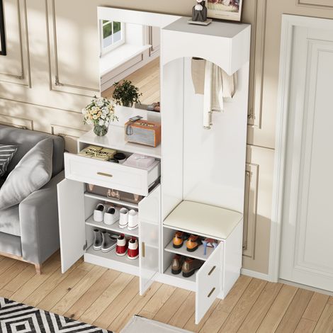 Porte manteau blanc avec miroir, meuble d'entrée compact– vestiaire, meuble à chaussures, MDF, 110x33x185,5 cm, blanc (1/5)