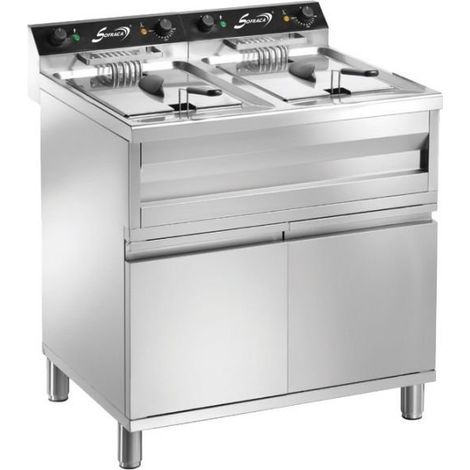 Friteuse inox électrique double haut rendement 2 x 9 Litres, sur coffre 2 portes battantes, 12000 W, 400 V - TRI (1/5)
