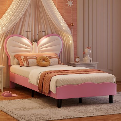Lit d'appoint 1 personne,lit 90x190,Lit enfant,lit plat,Lit simple 90x190,Hauteur réglable,avec lampe de lecture,Velours,Blanc Rose (1/5)