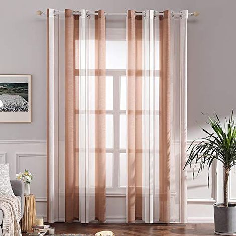 Rideaux transparents à rayures blanches et brunes, adaptés aux fenêtres de chambre ensemble de deux pièces, 140 cm de large et 245 cm de haut. (1/5)