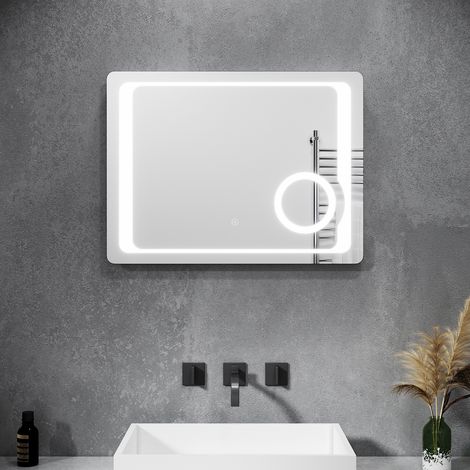 SONNI Badspiegel Badezimmerspiegel LED Beleuchtung Wandspiegel 80x60cm kaltweiß licht Touch Beschlagfrei Rasiersteckdose Vergrößerung Energiesparender,IP44