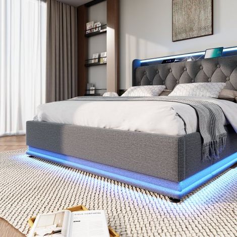 Polsterbett einzelbett, 360-Surround-LED-Funktion, Drucktaste/App/Fernbedienung, Material Hydraulisches Lagerbett, gepolstertes Kopfteil mit USB Typ-C Ladefunktion (Ohne Matratze)