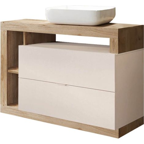 ARTURO - Meuble Vasque 110cm 2 tiroirs beige laqué et aspect bois finition Cadiz (1/5)