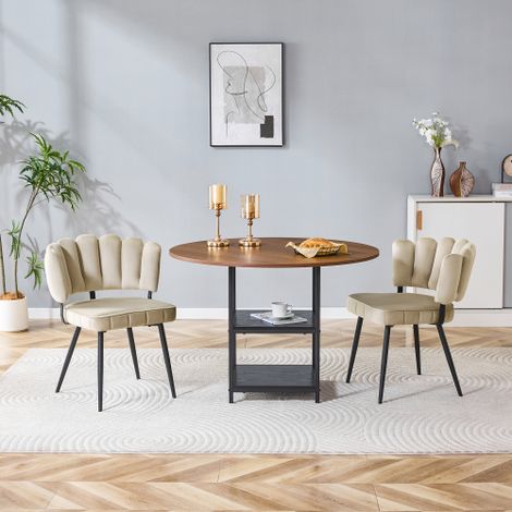 Table et chaise. Table à manger ronde de 107 cm en bois de noix avec double niveau de rangement + 2 chaises à manger en tissu brun clair avec fauteuil en forme de fleur – idéale pour petits appartemen (1/5)