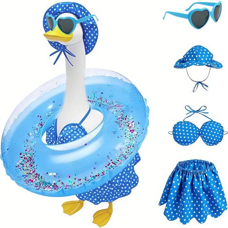 Disfraz de ganso de jardín: Se adapta a gansos de jardín de cemento de 58 cm de altura. Divertido conjunto de bikini azul, ideal para decorar porches, jardines y patios. (1/5)
